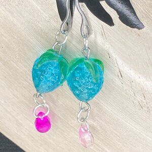 Blue Strawberry Tear Drop Earrings